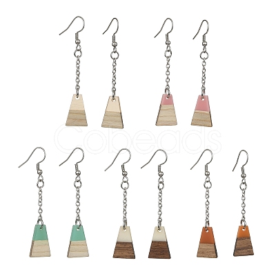 Two Tone Resin & Wood Trapezoid Dangle Earrings EJEW-JE05569-1