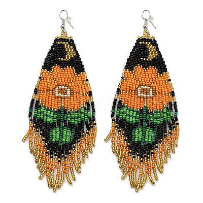 Boho Seed Bead Flower Tassel Earrings EJEW-Q380-07B-1