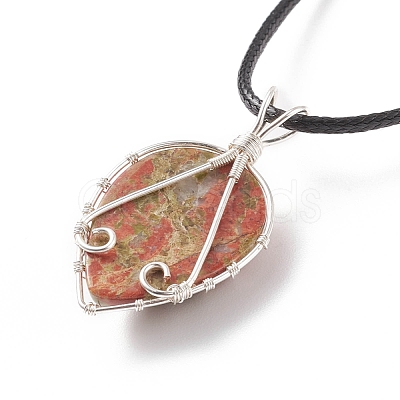 Natural Unakite Leaf Cage Pendant Necklace with Waxed Cords NJEW-TA00035-03-1