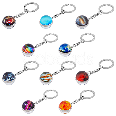 HOBBIESAY 10Pcs 10 Style Luminous Universe Planet Theme Alloy Keychain KEYC-HY0001-13-1