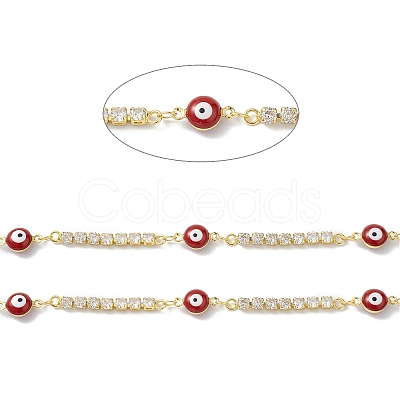 Brass Enamel Evil Eye Link Chains with Cubic Zirconia CHS-P016-36G-02-1