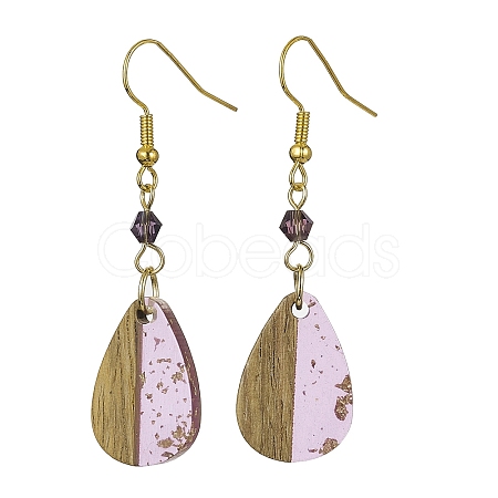 Transparent Resin & Walnut Wood Teardrop Pendant Dangle Earrings EJEW-JE05490-1