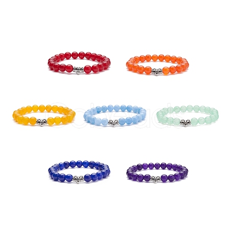 7Pcs 7 Color Natural Malaysia Jade(Dyed) Stretch Bracelets Set with Alloy Hangers BJEW-JB08133-1