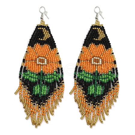 Boho Seed Bead Flower Tassel Earrings EJEW-Q380-07B-1