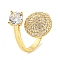 Brass Micro Pave Clear Cubic Zirconia Open Cuff Ring for Women, Real 18K Gold Plated, Round, Inner Diameter: 19mm