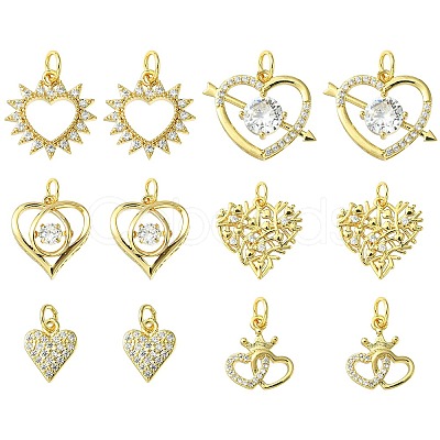 12Pcs 6 Styles Rack Plating Brass Pave Cubic Zirconia Pendants KK-CJ0002-05-1