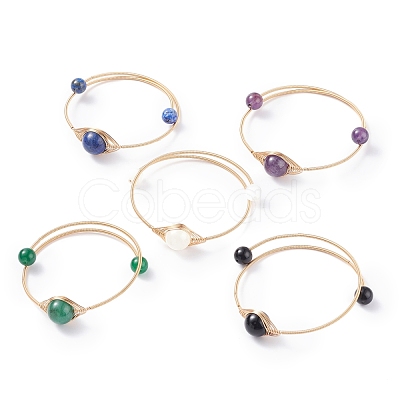 Natural Gemstone Round Beaded Bangle BJEW-JB07816-1