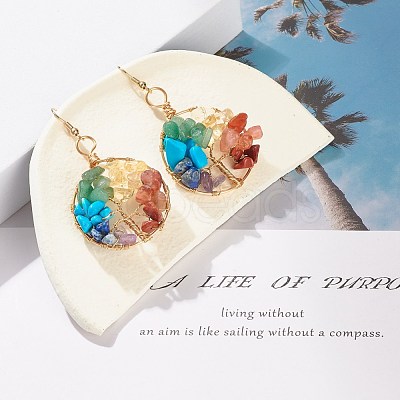 Natural & Synthetic Mixed Gemstone Chips Braided Ring with Tree of Life Dangle Earrings EJEW-JE04878-03-1