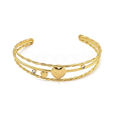 304 Stainless Steel Pave Clear Cubic Zirconia 3-Line Heart Open Cuff Bangles for Women BJEW-E100-04G-1