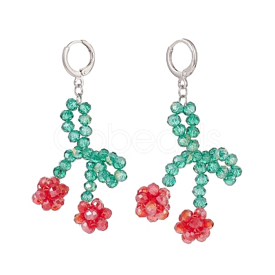 Glass Braided Cherry Long Dangle Leverback Earrings EJEW-TA00120-1