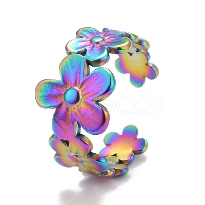 Rainbow Color Ion Plating(IP) 304 Stainless Steel Flower Wrap Open Cuff Ring for Women RJEW-A005-19-1