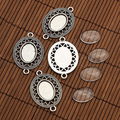 Tibetan Style Alloy Connector Cabochon Bezel Settings and Oval Transparent Glass Cabochons DIY-X0206-AS-1