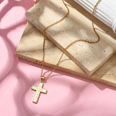 Natural Shell Cross Pendant Necklace with 304 Stainless Steel Chains NJEW-JN04435-1