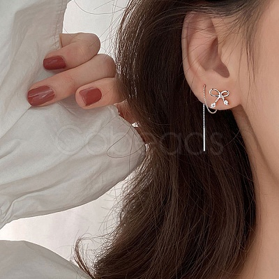 Anti-Tarnish Rhodium Plated 925 Sterling Silver Bowknot Threader Earrings EJEW-P195-03P-1