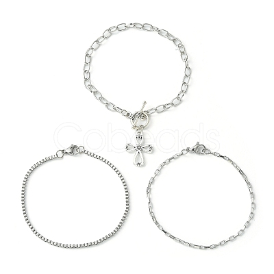 3Pcs 3 Style 316 Surgical Stainless Steel Box & Venetian Chain Bracelets Set with Corss Charms BJEW-FS0001-07-1