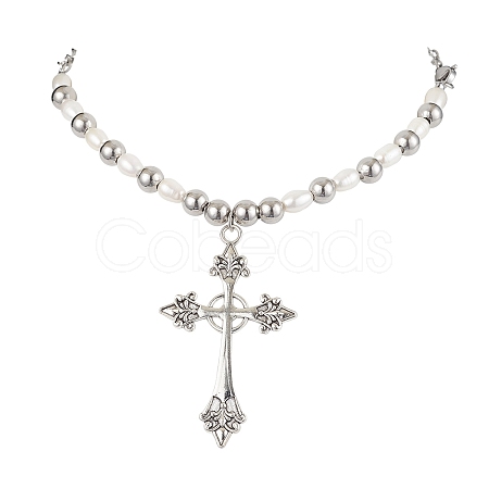 Natural Pearl with Cross Alloy Pendant Necklaces NJEW-JN04813-1