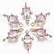 Glass Links connectors, with Brass Micro Pave Cubic Zirconia, Faceted, Teardrop, Light Gold, Pink, 18x9.5x4.5mm, Hole: 1.2mm