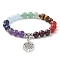 Chakra Gemstone Beaded Stretch Bracelets, Antique Silver Plated Alloy Tree of Life Charm Stretch Bracelets, Inner Diameter: 2-1/2 inch(6.3cm)