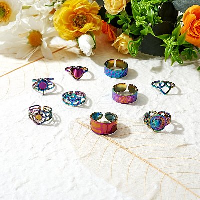 9Pcs 9 Style Rainbow Color 304 Stainless Steel Heart & Star & Word Love Cuff Rings RJEW-SZ0001-20-1