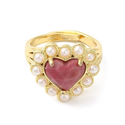 Ion Plating(IP) Natural Mixed Gemstone Heart Adjustable Ring with Plastic Pearl Beaded RJEW-E075-05G-1