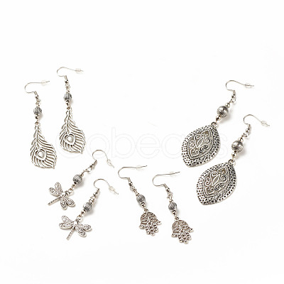 5 Pairs 5 Style Horse Eye & Dragonfly & Feather & Hamsa Hand & Donut Alloy Dangle Earring EJEW-JE04911-1