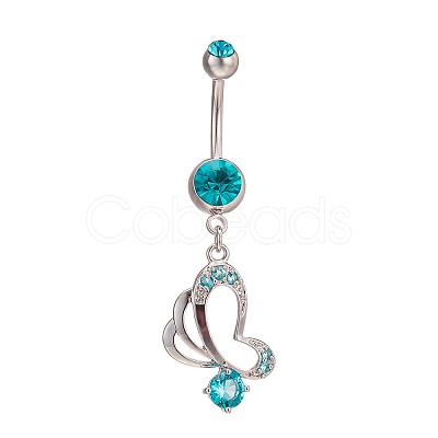 Piercing Jewelry Real Platinum Plated Brass Rhinestone Butterfly Navel Ring Belly Rings AJEW-EE0001-76B-1