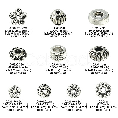 100Pcs 10 Styles Tibetan Style Alloy Spacer Beads TIBEB-YW0001-14-1