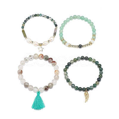 4Pcs 4 Style Natural & Synthetic Mixed Gemstone & Pearl Stretch Bracelets Set BJEW-JB08887-1