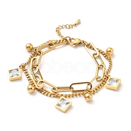 Clear Cubic Zirconia Rhombus and Round Ball Charm Multi-strand Bracelet BJEW-G639-04G-1