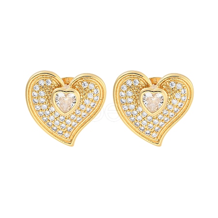 Heart Brass Pave Clear Cubic Zirconia Stud Earrings EJEW-M258-32G-1
