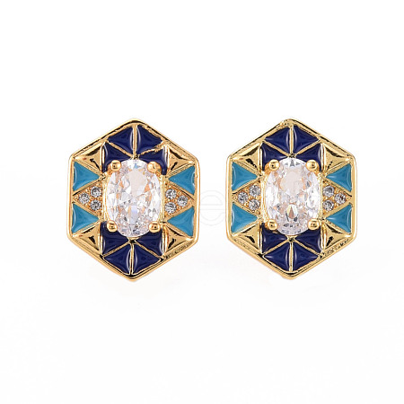 Brass Micro Pave Clear Cubic Zirconia Stud Earrings EJEW-S210-016C-NR-1