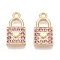 Rack Plating Alloy Rhinestone Pendants, Lock with Heart, Light Rose, 17x9x2.5mm, Hole: 1.6mm