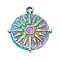 PVD Vacuum Plating 304 Stainless Steel Pendant Cabochons Settings, Flat Round with Sun, Rainbow Color, Tray: 2.5mm, 22x19.5x2mm, Hole: 1.8mm