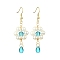 Shell Pearl with Glass Dangle Earring, Flower & Teardrop, for Women, Dark Turquoise, 60x20mm