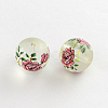 Flower Picture Frosted Transparent Glass Round Beads GFB-R004-14mm-H11-1