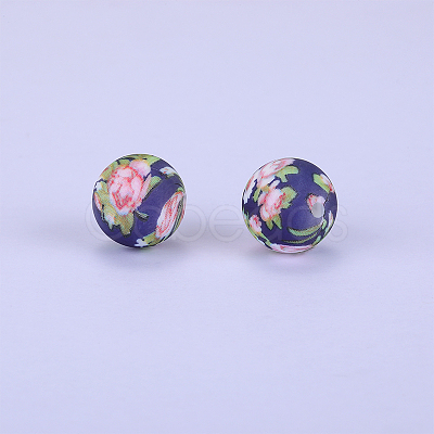 Printed Round with Flower Pattern Silicone Focal Beads SI-JX0056A-161-1