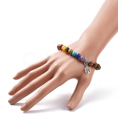 Natural Wood & Gemstone Round Beaded Stretch Bracelet with Alloy Tree Charm BJEW-JB08100-1