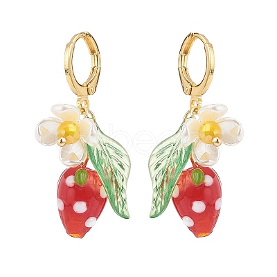 Lampwork Strawberry with Plastic Pearl Flower Dangle Leverback Earring EJEW-TA00130-1