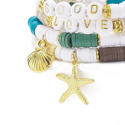 4Pcs 4 Style Handmade Polymer Clay Heishi Surfer Stretch Bracelets Set with Alloy Shell Starfish Charm BJEW-JB07759-1