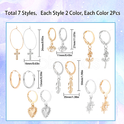 SUNNYCLUE 2 Sets 2 Colors Eye & Feather & Cross & Flower Alloy Dangle Hoop Earrings for Women EJEW-SC0001-31-1