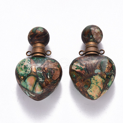 Heart Assembled Natural Bronzite and Synthetic Imperial Jasper Openable Perfume Bottle Pendants G-R484-01C-1