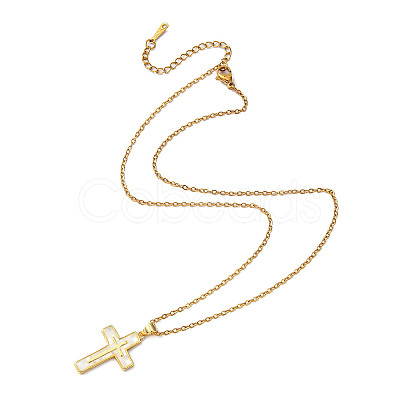 Natural Shell Cross Pendant Necklace with 304 Stainless Steel Chains NJEW-JN04435-1