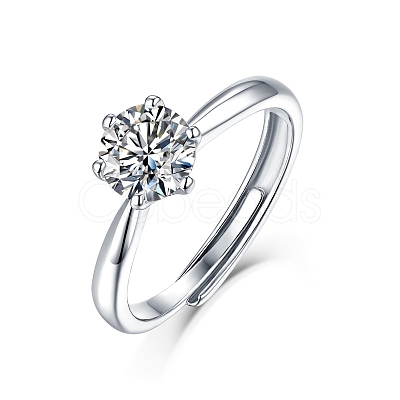 Rhodium Plated 925 Sterling Silver Moissanite Rhinestone Solitaire Ring AJEW-U007-12P-1