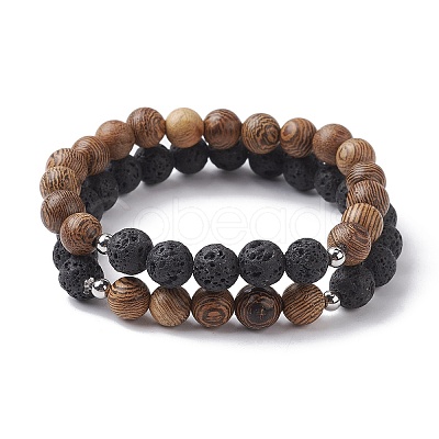 Natural Lava Rock & Wooden Round Beaded Stretch Bracelet BJEW-JB10075-1