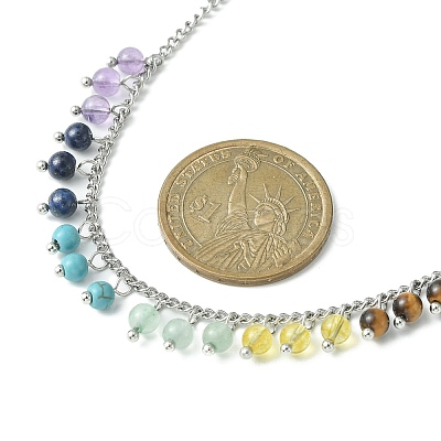 Natural & Synthetic Mixed Gemstone Round Charms Bib Necklace with 304 Stainless Steel Chains NJEW-TA00088-1