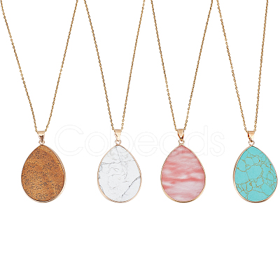 4Pcs 4 Style Natural & Synthetic Mixed Gemstone Teardrop Pendant Necklaces Set NJEW-AB00030-1