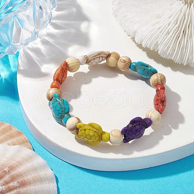 Beach Turtle Dyed Synthetic Turquoise Stretch Bracelets BJEW-JB10296-02-1