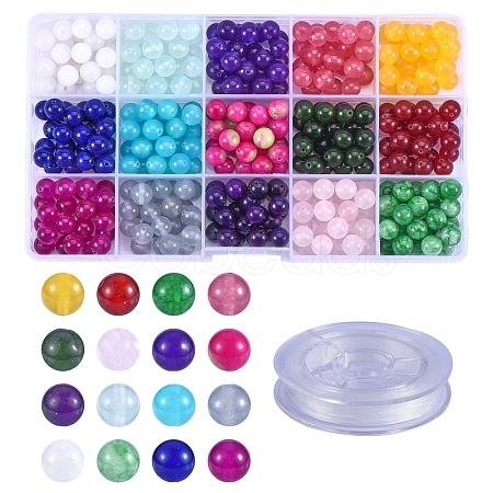 375Pcs 15 Colors Round Natural White Jade Beads and Elastic Thread DIY-SZ0004-21-1