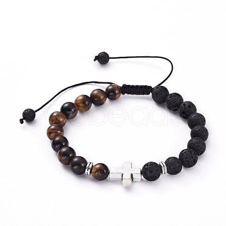 Natural Lava Rock & Tiger Eye Beads Adjustable Braided Bracelets BJEW-JB04987-02-1