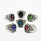 Glass Wide Band Finger Rings, with Alloy Ring Findings, Faceted, Oval, Antique Silver, Size 7~11, Mixed Color, 17~21mm